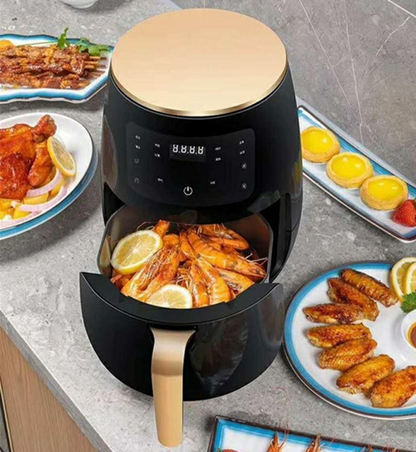 Curvy Waist SA Air Fryer 6L basket filled with cooked shrimp, served alongside wings and tarts