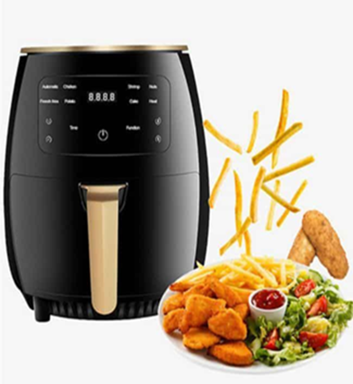 Curvy Waist SA Air Fryer 6L with a plate of fries, crumbed chicken and salad