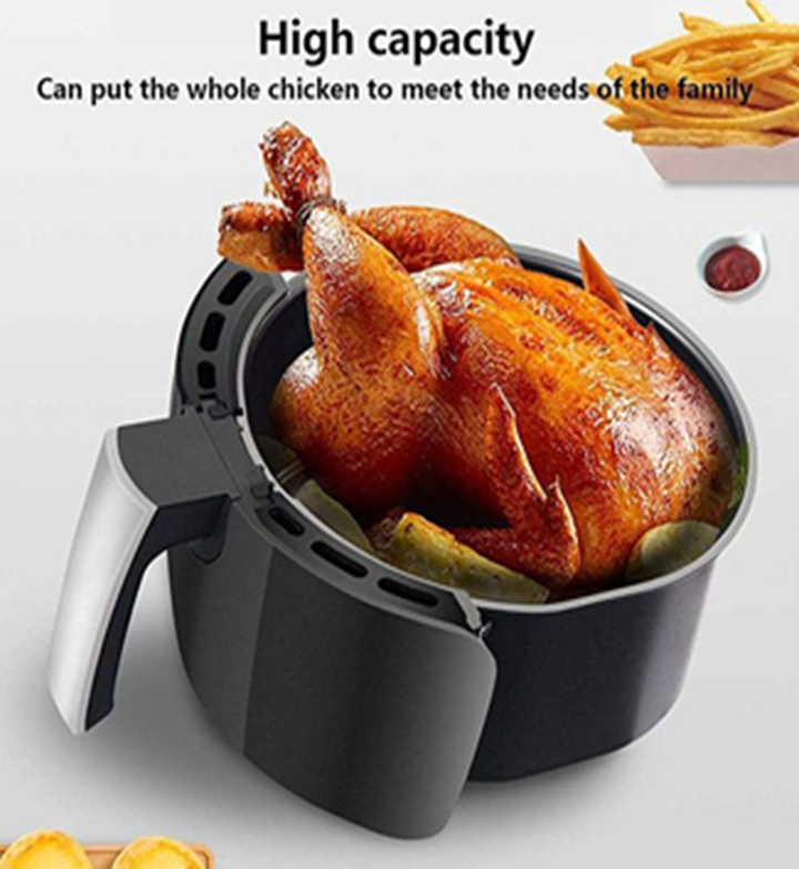 Curvy Waist SA Air Fryer 6L basket holding a whole roasted chicken, high capacity