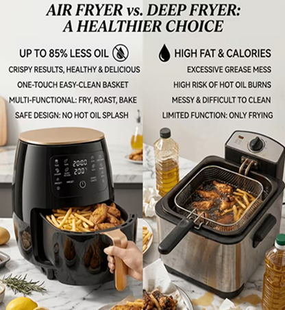 Curvy Waist SA Air Fryer 6L versus deep fryer comparison, up to 85% less oil