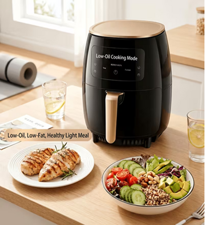 Curvy Waist SA Air Fryer 6L on a kitchen counter in low-oil cooking mode with grilled chicken and salad