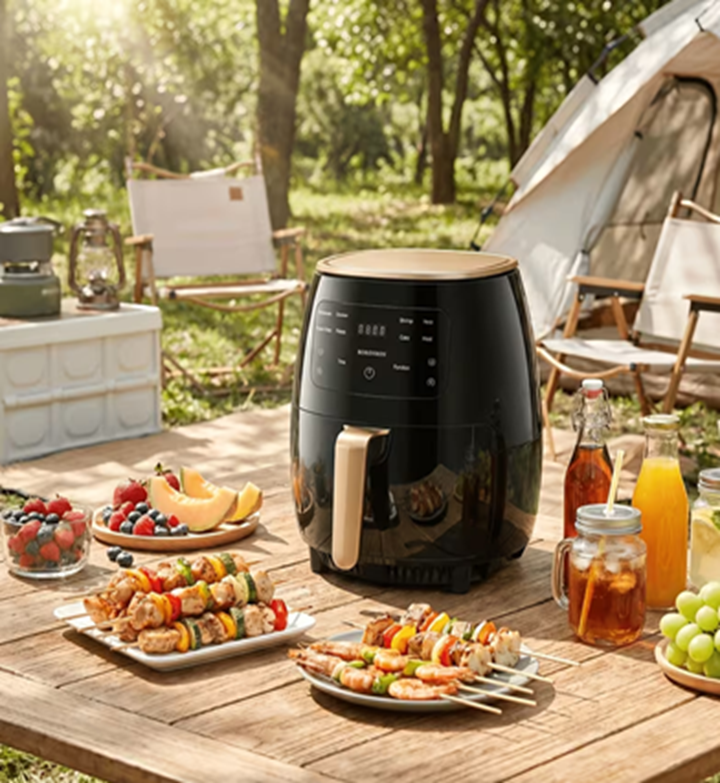 Curvy Waist SA Air Fryer 6L on an outdoor picnic table with grilled skewers