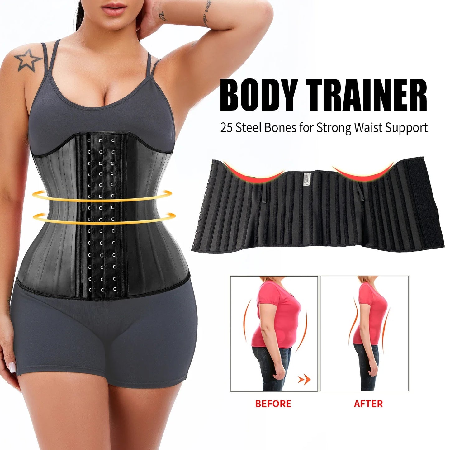 Curvy Waist SA latex waist trainer back view with hook closures