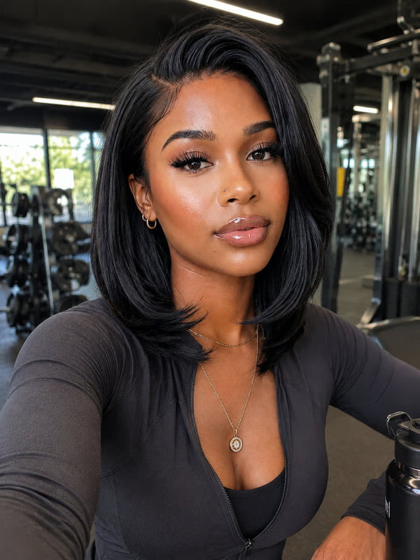 Curvy Waist SA 10 inch human hair bob wig customer photo - gym selfie black top