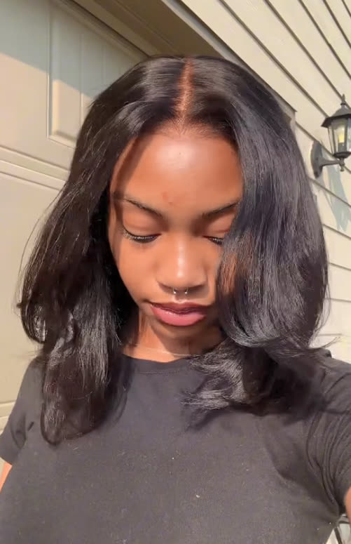 Curvy Waist SA 10 inch human hair bob wig customer photo - outdoor garage door black tee