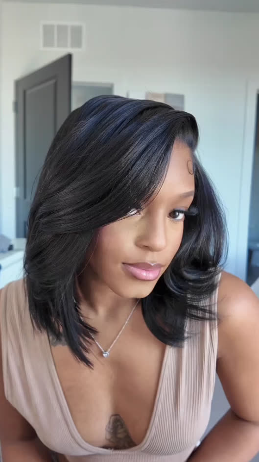 Curvy Waist SA 10 inch human hair bob wig customer photo - selfie tan top necklace