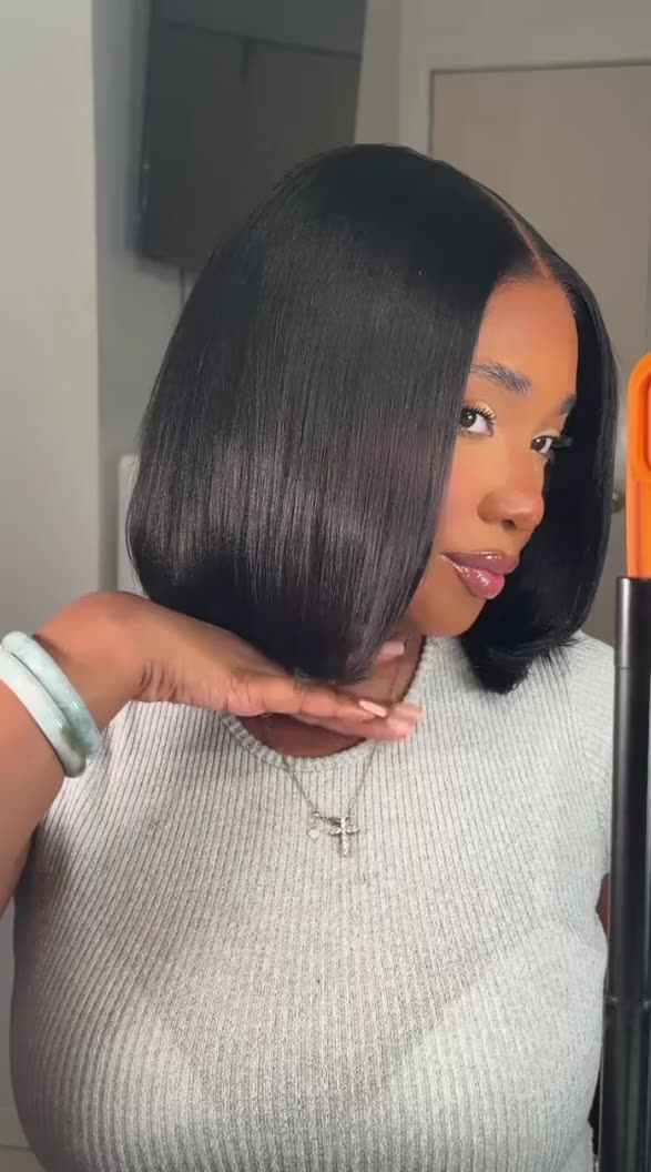 Curvy Waist SA 10 inch human hair bob wig customer photo - styling flat iron cross necklace