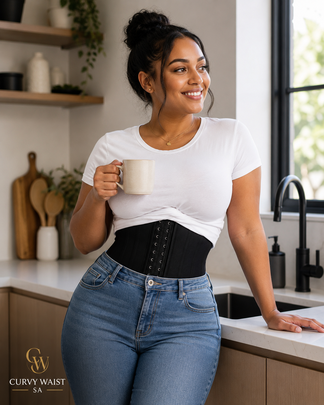 Curvy Waist SA 25-bone waist trainer worn over t-shirt in everyday setting